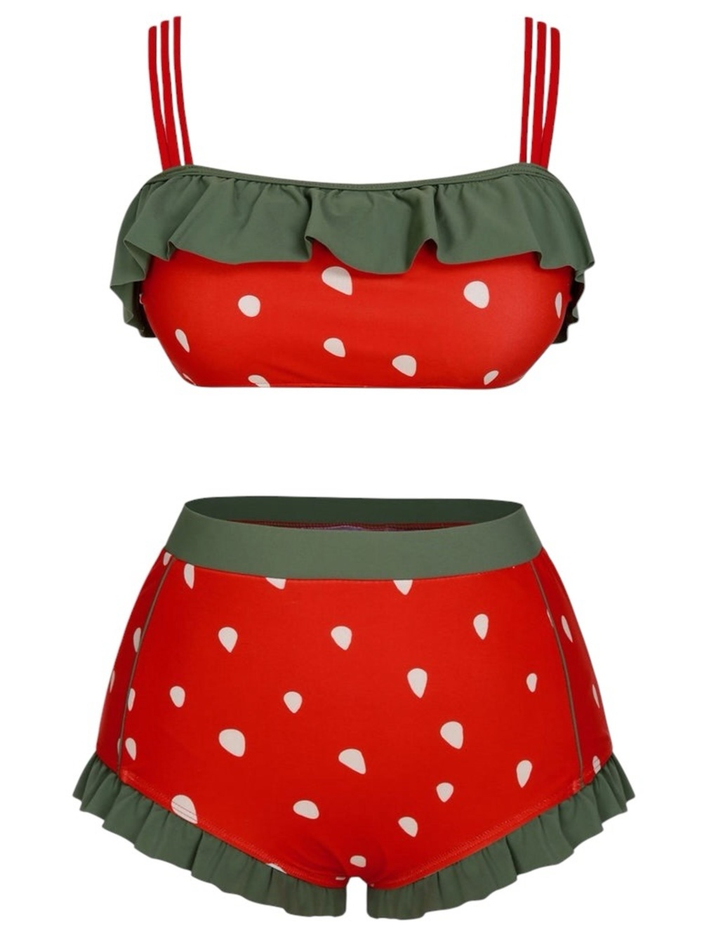 Retro Stage Red 1950s Strawberry Ruffle Trim High-Waist Bikini Set NWT